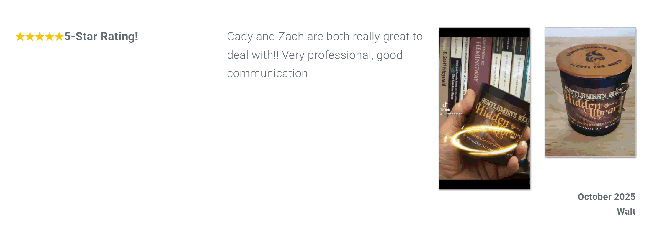 Customer video showing new product packaging next to a five-star written testimonial.