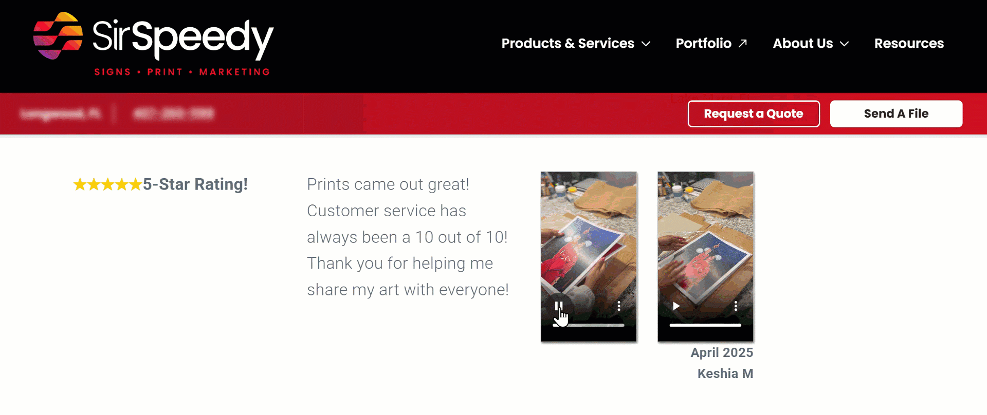 Customer video of finished art prints shown next to a five-star written testimonial.