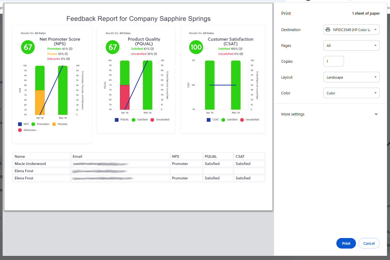 Account Feedback Report print view