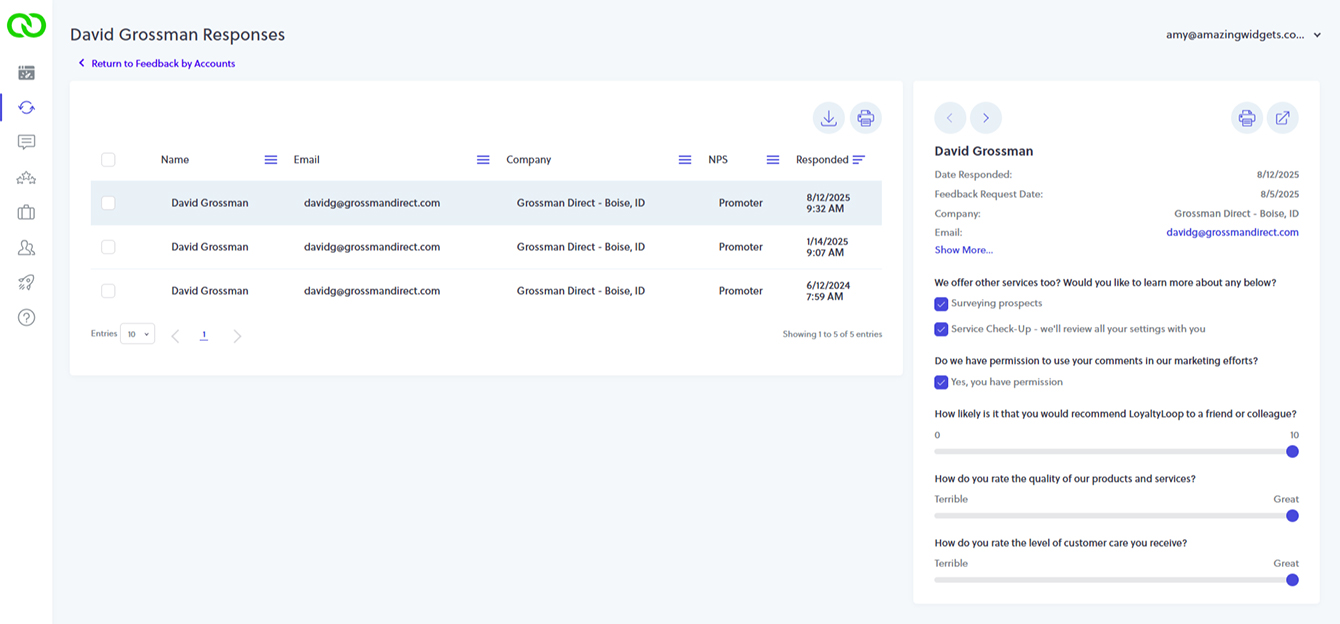 Account Feedback Report respondent table view