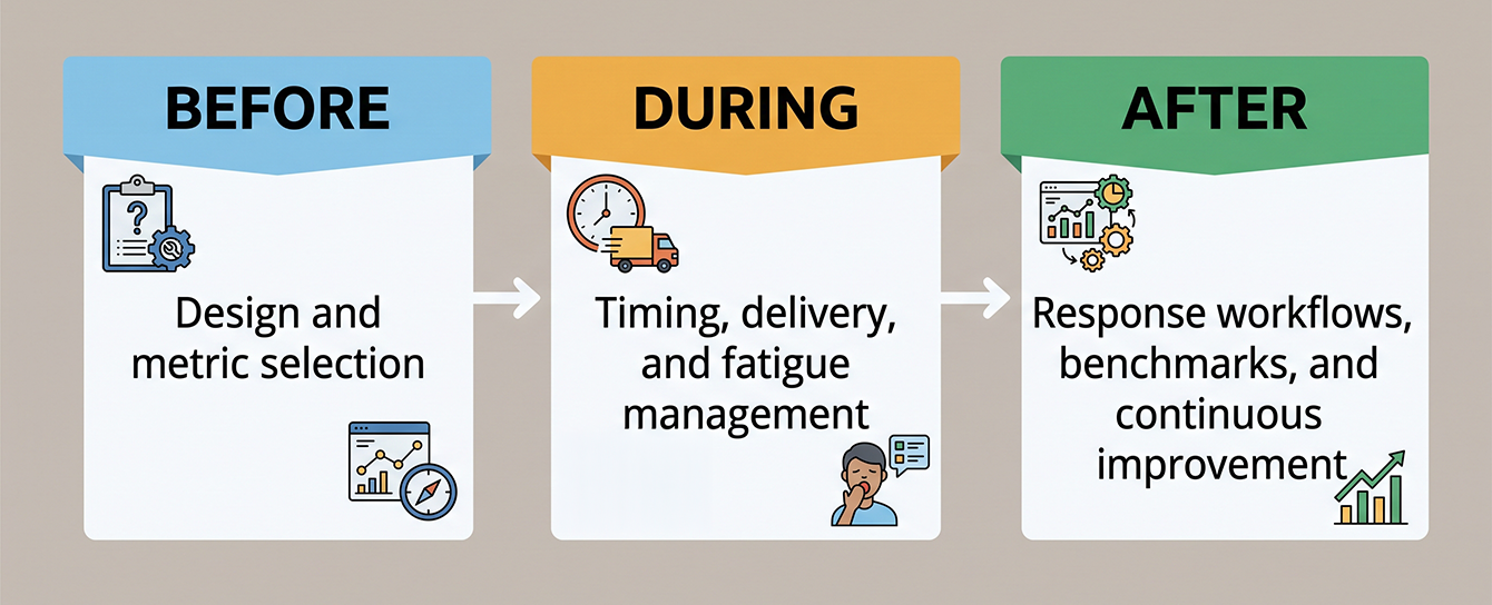 Before, During, After framework showing the three phases of a customer satisfaction survey program.