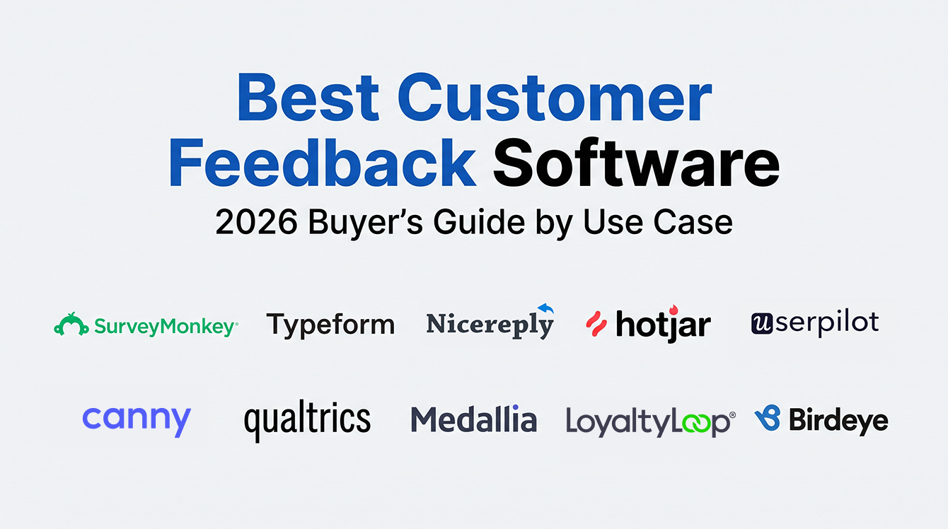 Logos of the customer feedback software tools compared in this 2026 buying guide, including SurveyMonkey, Qualtrics, and LoyaltyLoop.