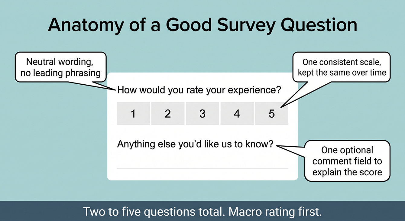 An annotated example of a well-designed survey question showing neutral wording, a consistent rating scale, and an optional open-text field.