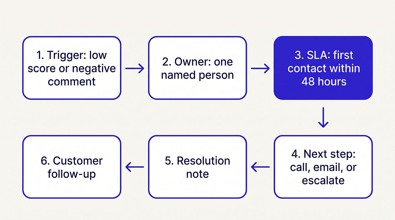 Six steps of a closed-loop feedback workflow, from trigger event to follow-up and confirmation.