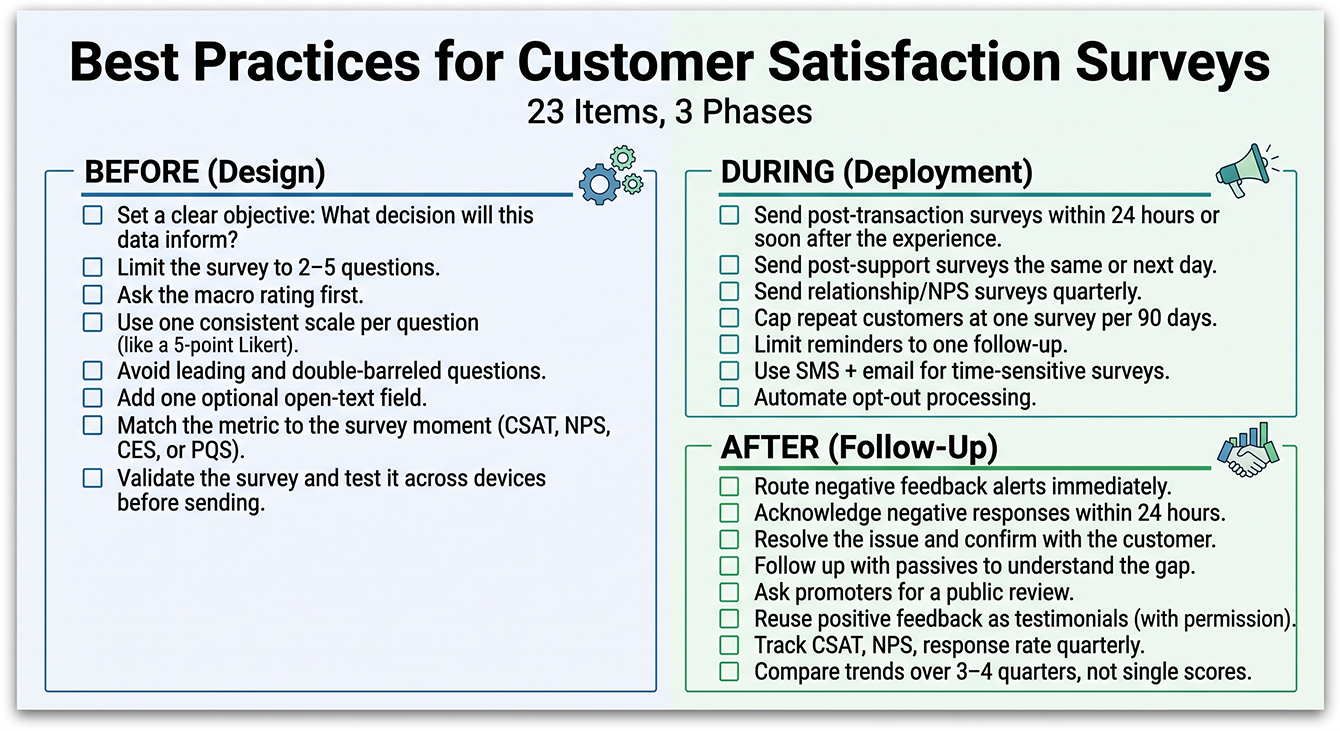 Printable 23-point checklist for building a customer satisfaction survey program, organized by design, deployment, and follow-up.