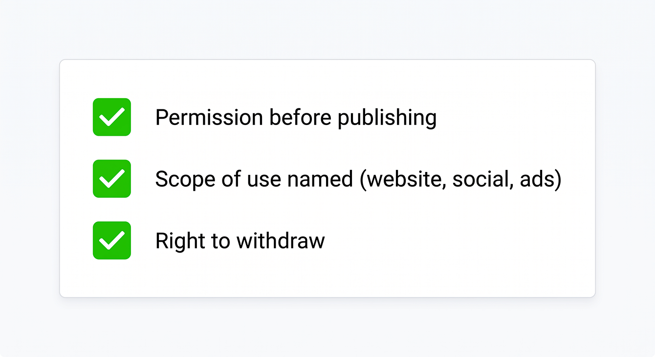 Three-item permission checklist for customer testimonials.