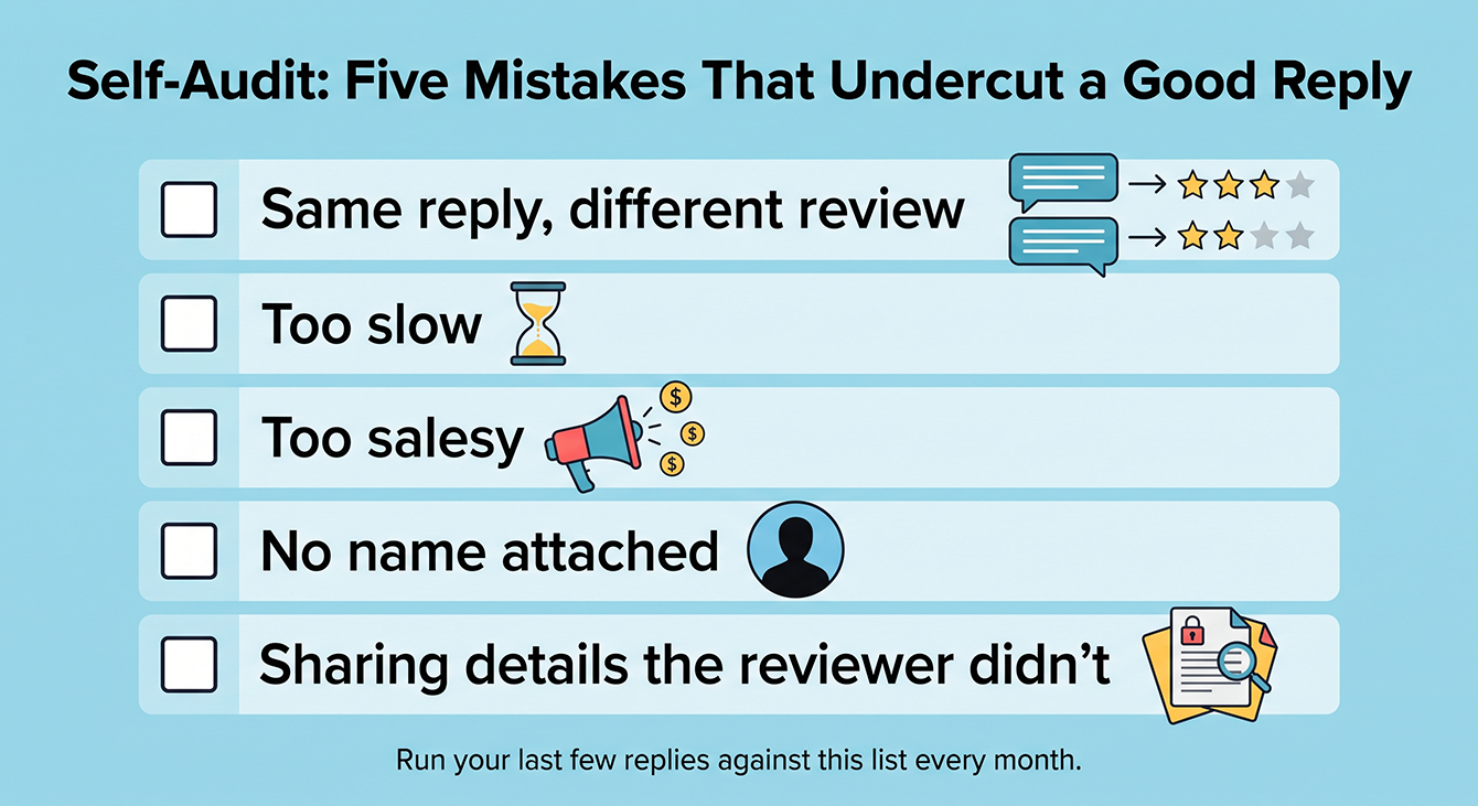 Five-point self-audit checklist for spotting mistakes in positive review replies.