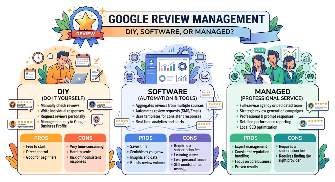 Google review management header showing a five-star review illustration.