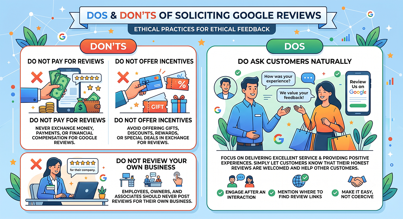 Chart of prohibited and allowed Google review solicitation practices under the April 2026 policy update and FTC rule.