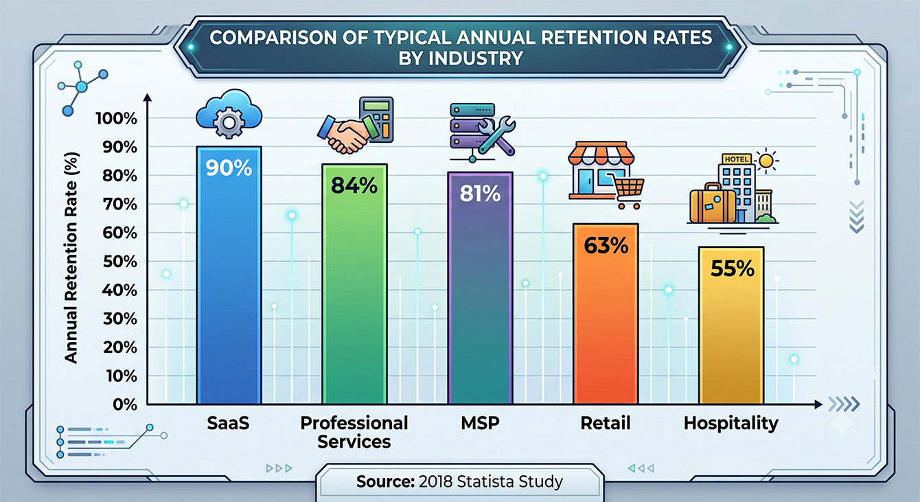Industry retention rates benchmarks table comparing SaaS, professional services, MSP, retail, and hospitality