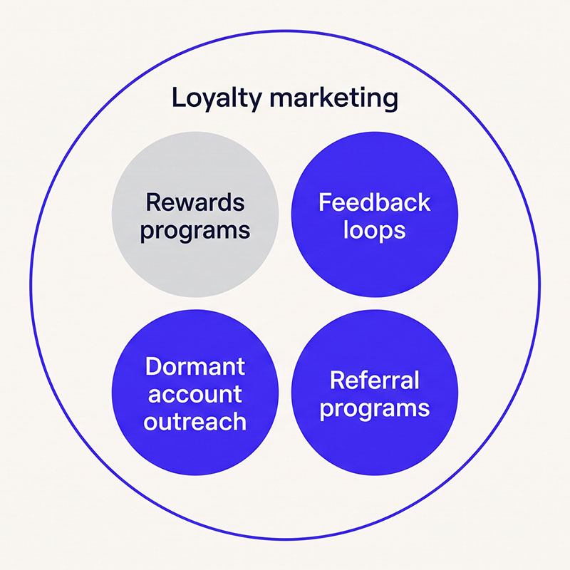 Venn diagram showing a loyalty program as one subset inside the broader loyalty marketing strategy.