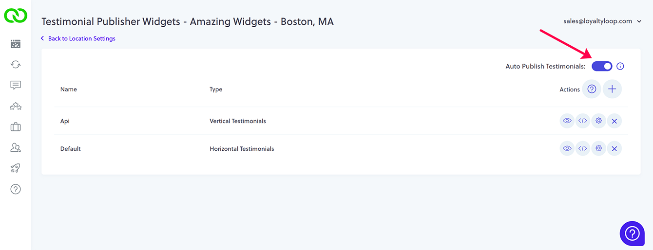 LoyaltyLoop auto-publish testimonials setting