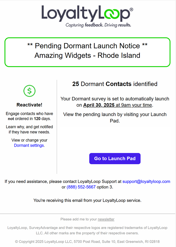 LoyaltyLoop Pending Dormant Launch Notice