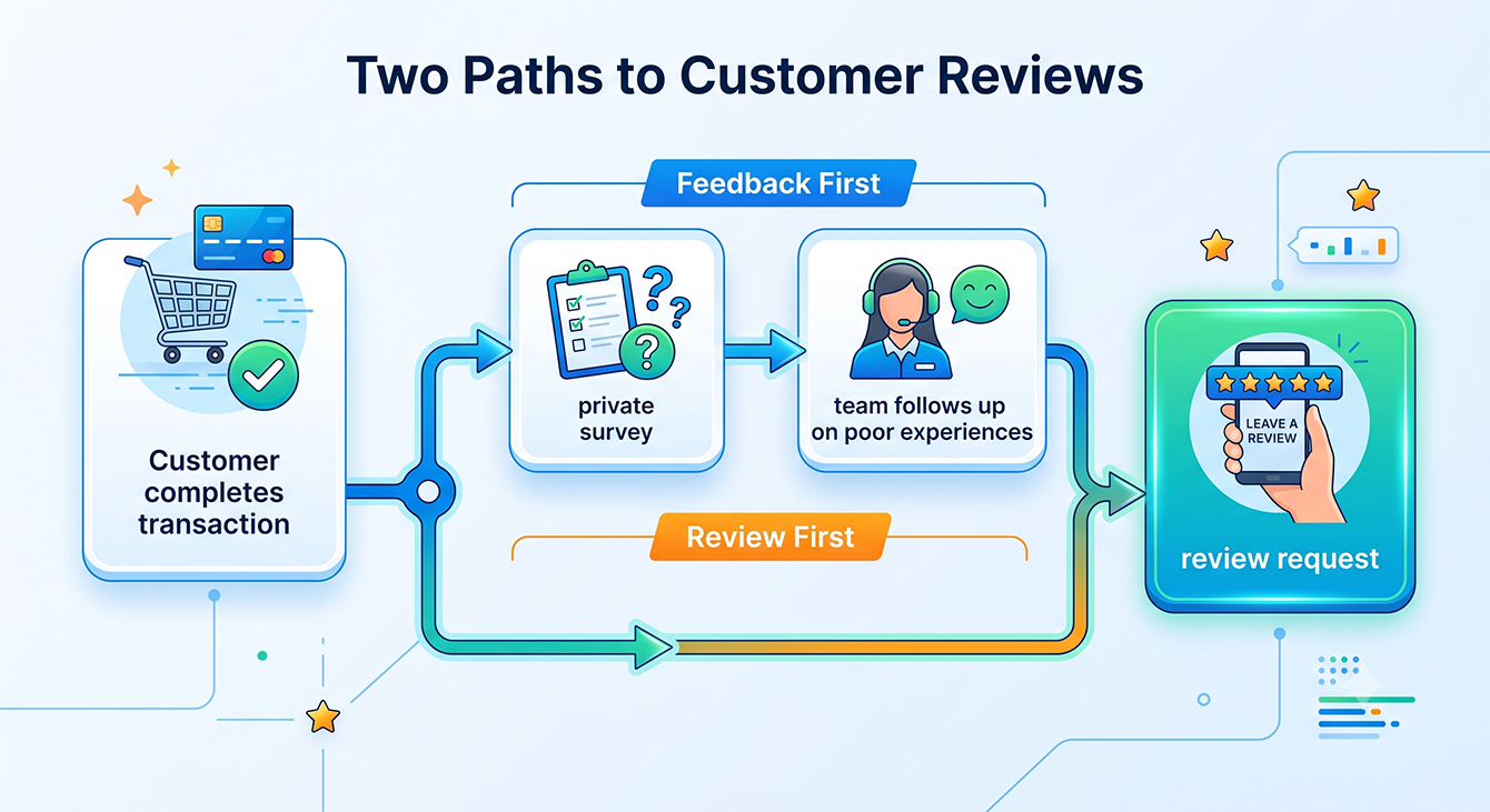 Diagram of LoyaltyLoop's two review request workflows, collecting private feedback before the request or sending it directly.