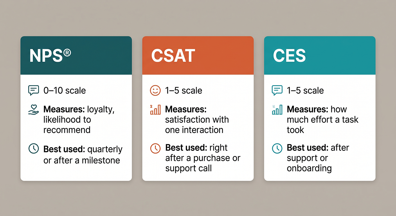 Comparison of NPS, CSAT, and CES showing what each metric measures and when to use it.