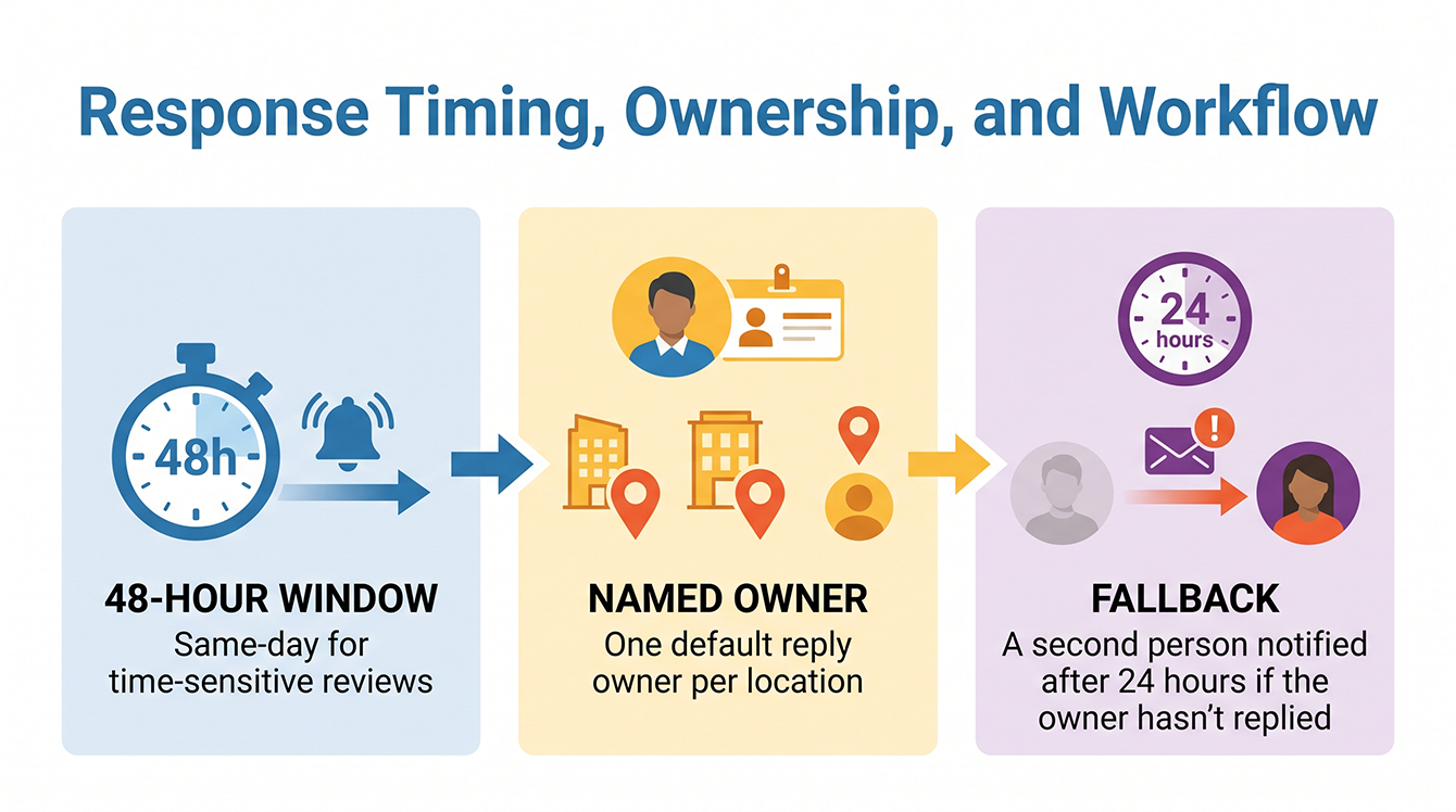 Diagram showing the 48-hour reply window, named owner, and fallback system for responding to positive reviews.