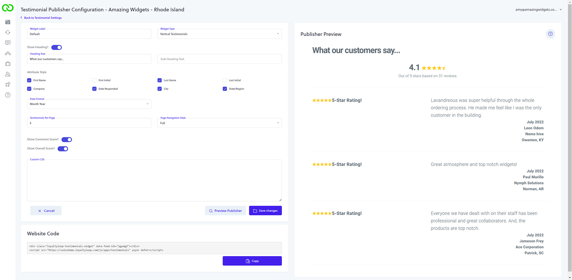 loyaltyloop testimonial publisher configuration