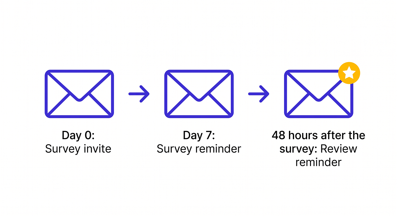 Three-step survey email sequence: survey invite, survey reminder, and review reminder.