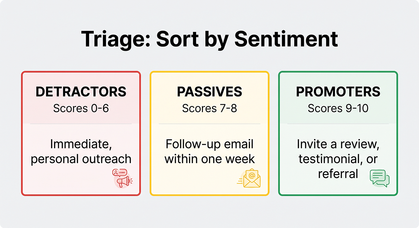 Three-panel diagram showing how to triage detractor, passive, and promoter survey responses by score and action.