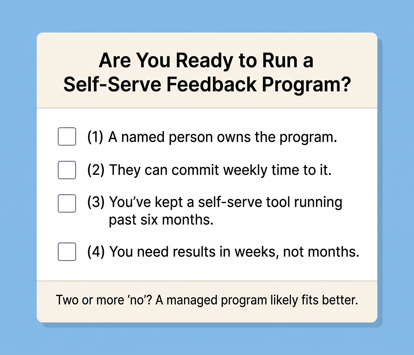 A readiness checklist for running a self-serve customer feedback program, with four qualifying questions.